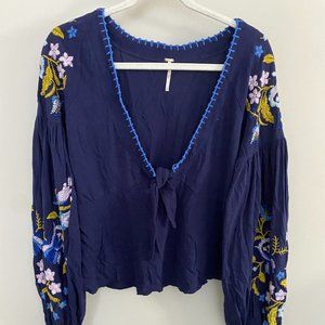 free people balloon sleeve embroidered navy blouse W's L